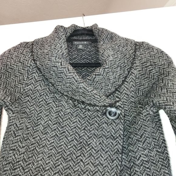 Tahari Wool Blend Open Front Longline Cardigan Size S Black & Gray Cross Front - Picture 3 of 13